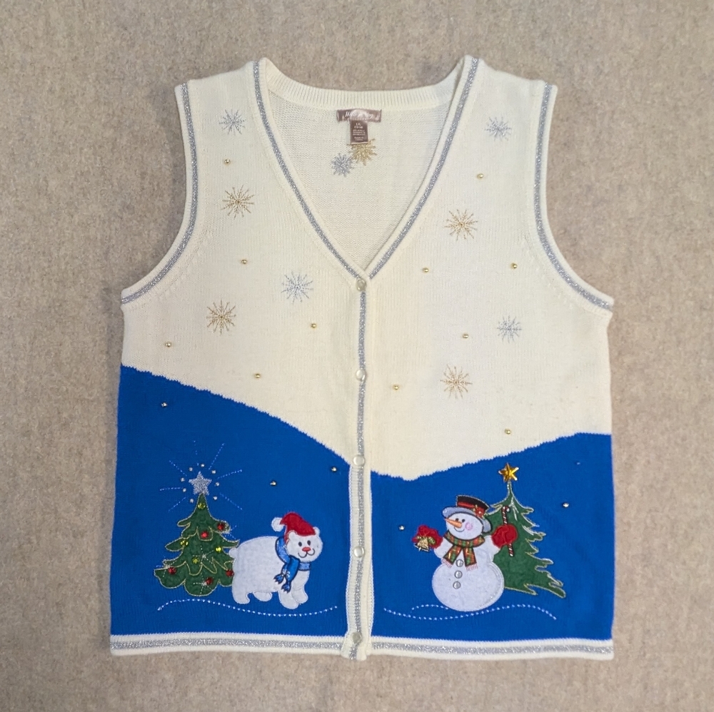 Fun & Cute Vintage 90s White Stag Holiday Winter Ugly Sweater Vest Snowman L